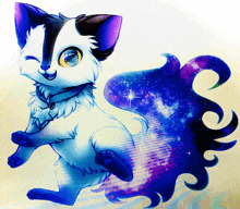 a drawing of a black and white cat with a blue tail