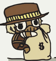 a cartoon of a man wearing a hat holding a bag of money with a dollar sign on it