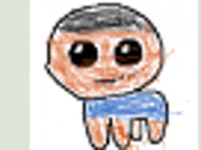 a drawing of a person with big eyes and a blue shirt