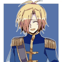 a drawing of a man with blonde hair and a blue uniform