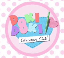 a logo for the doki literature club with a heart and a pen on a polka dot background .