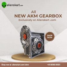 an advertisement for all new akm gearbox on alienskart.com