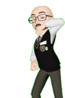 a cartoon character wearing glasses and a vest has a badge on his chest that says ' a ' on it