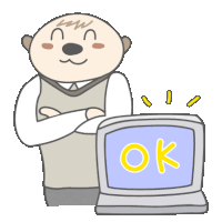 a cartoon of a man with his arms crossed next to an ok sign on a computer screen