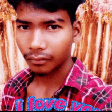 a young man in a plaid shirt is standing in front of a wooden wall and looking at the camera .