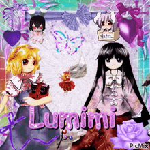 two anime girls are standing next to each other with the word lumumi in pink