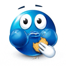 a blue smiley face is eating a cookie with a hand .