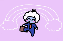 a cartoon character with a briefcase is flying in the air with a rainbow in the background