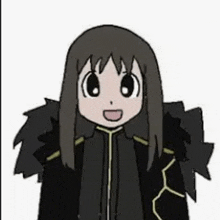 a cartoon of a girl with long hair wearing a black jacket .