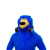 a blue teddy bear wearing headphones and a microphone