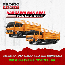 an advertisement for karoseri bak besi pick up & truck shows two trucks