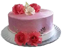 a pink cake with red roses and gold leaves