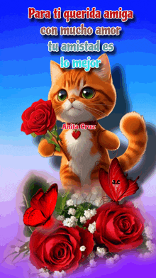 a cartoon cat holding a red rose with the words para ti querida amiga on it