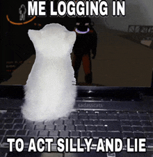 a white cat is sitting on a laptop with the words me logging in to act silly and lie