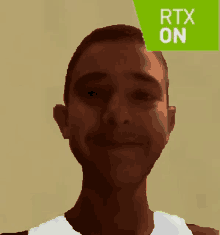 a man 's face is behind a green rtx on logo