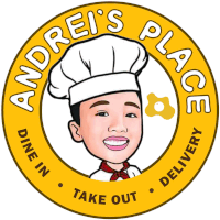 a logo for andrei 's place shows a chef in a chef 's hat