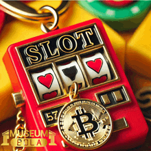 a red slot machine with hearts and a bitcoin pendant