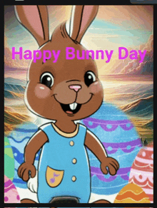 a happy bunny day greeting card with a cartoon bunny in a blue outfit