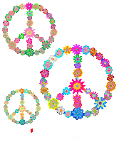 three colorful peace signs made of flowers with a small heart in the middle