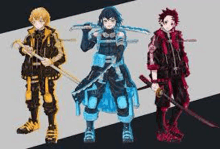 three anime characters are standing next to each other with swords .