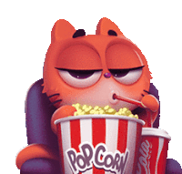 a cartoon cat is sitting in a chair eating popcorn