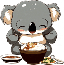 a koala bear eating rice from a bowl with a spoon