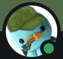 a stuffed animal wearing a green hat and holding a gun in its mouth