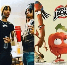 a couple of men standing next to each other next to a picture of an apple jack cereal .