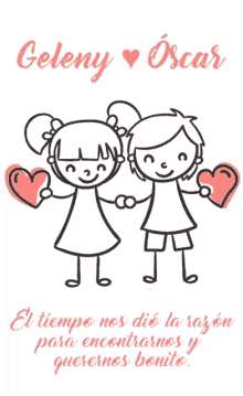 a drawing of a boy and a girl holding hearts with the name geleny and oscar above them