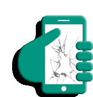 a hand is holding a phone with a cracked screen