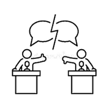 two people are sitting at podiums with speech bubbles and talking to each other .