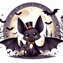 a cat in a top hat is sitting next to a smaller bat