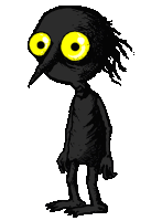 a black cartoon character with yellow eyes and a long nose