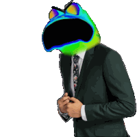 a man in a suit and tie with a frog head on his head