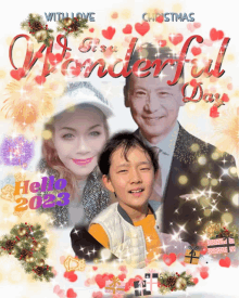 a christmas greeting card with a family and the words it 's wonderful day