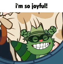 a cartoon character is smiling with the words i 'm so joyful below him