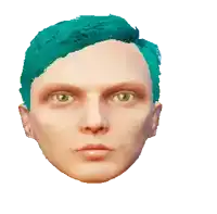 a man with blue hair and green eyes looks at the camera