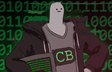 a cartoon character holding a cb sign in front of a green background