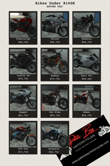 a list of motorcycles under $ 100k is displayed