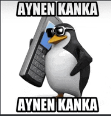 a penguin wearing sunglasses is holding a cell phone