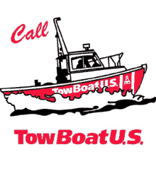 a logo for tow boat us shows a red boat