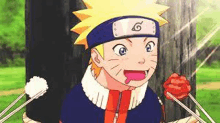 naruto is eating a piece of meat with chopsticks while standing next to a tree .