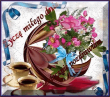 a greeting card with two cups of coffee and a bouquet of pink flowers