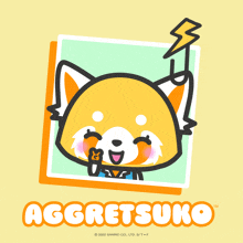 a fox with a lightning bolt hanging from its head and the words aggretsuko written below it