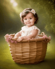 a baby girl is sitting in a basket with flowers