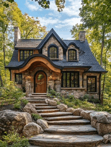 a stone house with stairs leading up to the front door