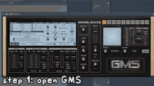 a computer screen shows a gms mixer and says step 1 open gms on the bottom