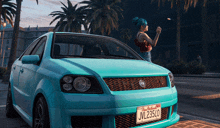 a woman with blue hair stands next to a blue car with a california license plate that says jvl23510