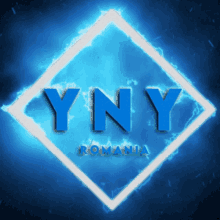 a logo for yny romania is displayed on a blue background