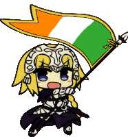 a cartoon drawing of a girl holding a flag that says ' ireland ' on it